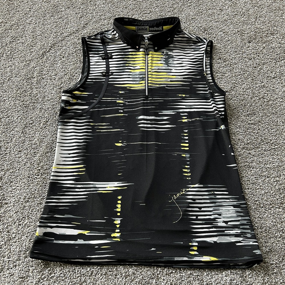 Jamie Sadock Golf Polo Shirt Womens Small Black Stripe 1/4 Zip Sleeveless Jersey